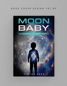 Moon Baby stands in front of the giant moon that is blending in with the swirling cosmos