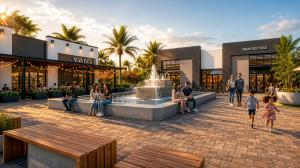 rchitectural rendering of the Oakland Village central courtyard, with a fountain, shade trees and outdoor seating surrounded by shops and restaurants.