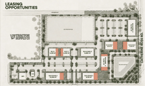 Site plan of Oakland Village showing nine retail buildings from 6,185 to 10,805 square feet, two outparcels, highlighted restaurant endcaps, parking, landscaped courtyards and retention ponds along Catherine Ross Road.