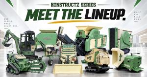 Promotional banner for TYPHON KONSTRUCTZ Series titled Meet The Lineup, showing a group graphic of green compact construction equipment including excavators, skid steers, trenchers, stone crushers, and dumpers.
