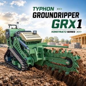 TYPHON GroundRipper GRX1 compact tracked trencher machine actively positioning on dirt at a construction jobsite.