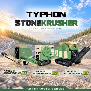 : Promotional graphic showing three models of the TYPHON STONEKRUSHER series lineup K1 towable crusher, K2 tracked crusher, and K3 heavy-duty jaw crusher displayed outdoors.