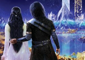 a medieval style man and woman viewed from behind in a cosmic setting