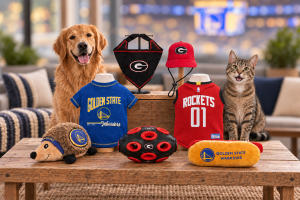 Golden retriever and tabby cat beside a table displaying sports-themed pet apparel and toys, including Golden State Warriors and Houston Rockets jerseys, a Georgia Bulldogs bandana and cap, and matching plush toys