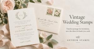 Anthem Stamps vintage wedding postage graphic featuring an elegant wedding invitation, addressed envelope with floral stamps, blush ribbon, greenery, and soft flowers, highlighting timeless postage for invitations, save-the-dates, and thank-you cards.