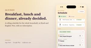 Aaj Ki Rasoi schedule screen on a phone: 14 and 15 July marked completed above, and today, 16 July, showing breakfast Roti and Papad Mungori, an 11 AM fruit, and lunch Roti, Kala Chana and Salad.