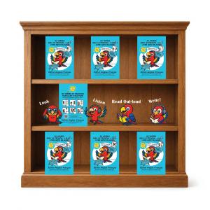  30 Verbs and pronouns bookshelf with parrots saying look listen read and write