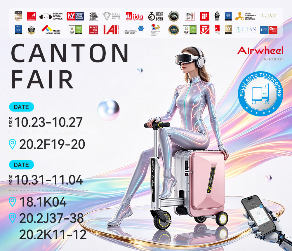 Airwheel showcases AI Wheel Robot 20inch Hand Electric Cabin Smart Boarding Luxury Suitcase at 140th Canton Fair