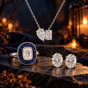 Halloween diamond jewelry display with ring, pendant necklace, and stud earrings.