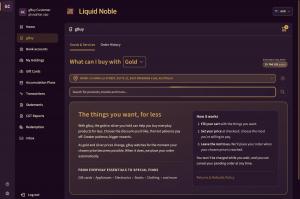 Screenshot of the gBuy page in the Liquid Noble app, showing the gold selector, product search bar and explanation of how orders work.