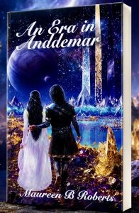 Front cover with text depicting two medieval figures (rear view) on a lunar landscape filled with crystals