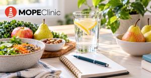 Healthy foods, lemon water, and a notebook illustrating digestive-health education from MOPE Clinic