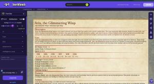 A digital interface displaying a generated 5e stat block for a Tiny Elemental creature named 