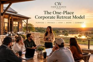 Corporate team meeting outdoors at CW Farm and Ranch Venue during a multi-day retreat with ranch views, workspace and gathering areas.