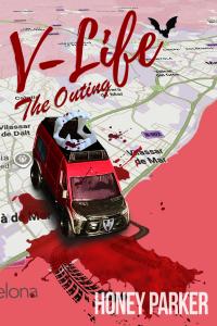 Author Honey Parker is celebrating the release of her newest novel, “V-Life: The Outing” with the third annual Vampire Happy Hour on Thursday, October 29, 2026, at 5:00 p Cover the the third V-Life novel, The Outing, which shows a camper van with plastic vampire teethdriving across a road map