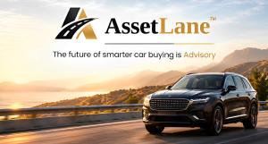 AssetLane’s black and gold logo above the tagline “The future of smarter car buying is Advisory,” with a black SUV on a coastal highway at sunset.