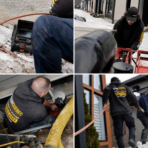 Les techniciens de Drain Québec en intervention sur le terrain : inspection par caméra, nettoyage de drain avec équipement à haute pression et vérification de la pompe de puisard.