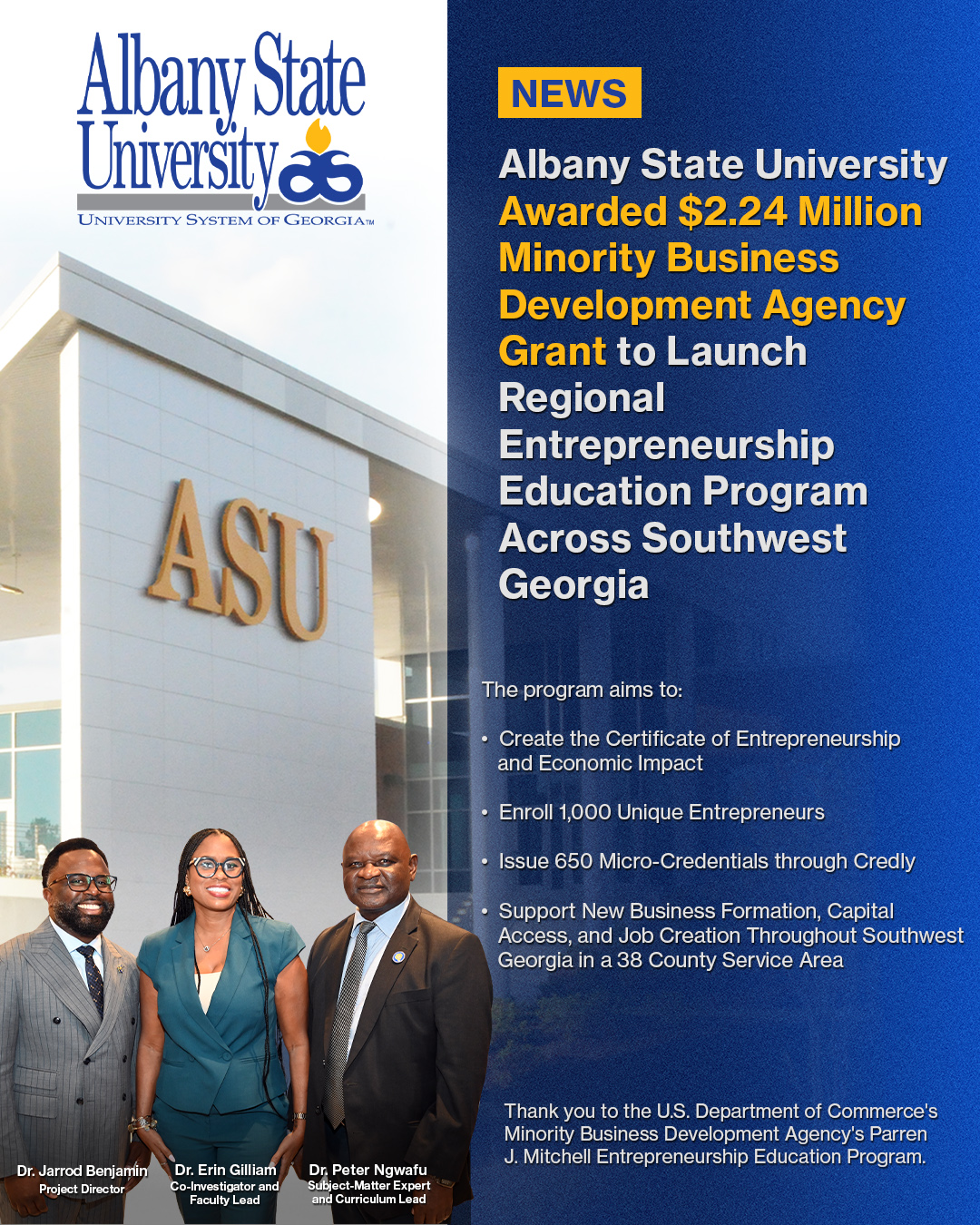Albany State University Awarded $2.24 Million MBDA Grant to Expand Entrepreneurship Education Across Southwest Georgia