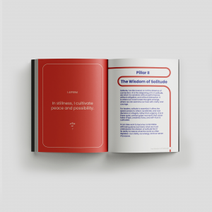 An open workbook spread showing a red affirmation page reading "In stillness, I cultivate peace and possibility" beside a page titled "Pillar II: The Wisdom of Solitude."