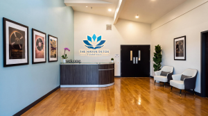 Lobby with curved receiving desk and chairs