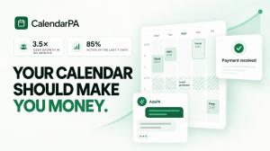 CalendarPA growth graphic showing 3.5× user growth in six months and 85% active in the last seven days alongside calendar, payment and AdaPA features.