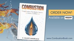 The Combustion book on a background of fire and water converging. Text overlays read "Order Now. Available on Amazon. www.combustionbook.com"