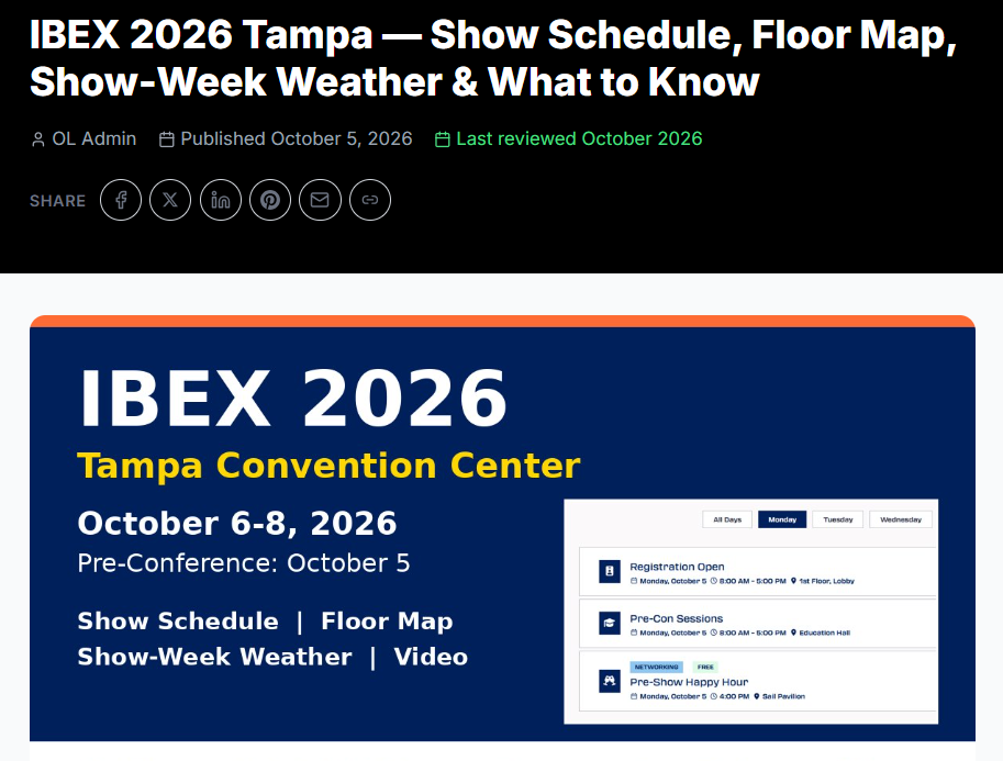 IBEX 2026 Tampa — Show Schedule, Floor Map, Show-Week Weather & What to Know