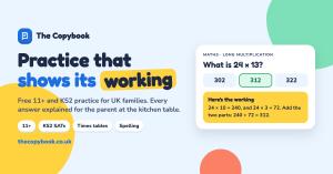 The Copybook logo and the words Practice that shows its working, beside a long multiplication question with its worked answer