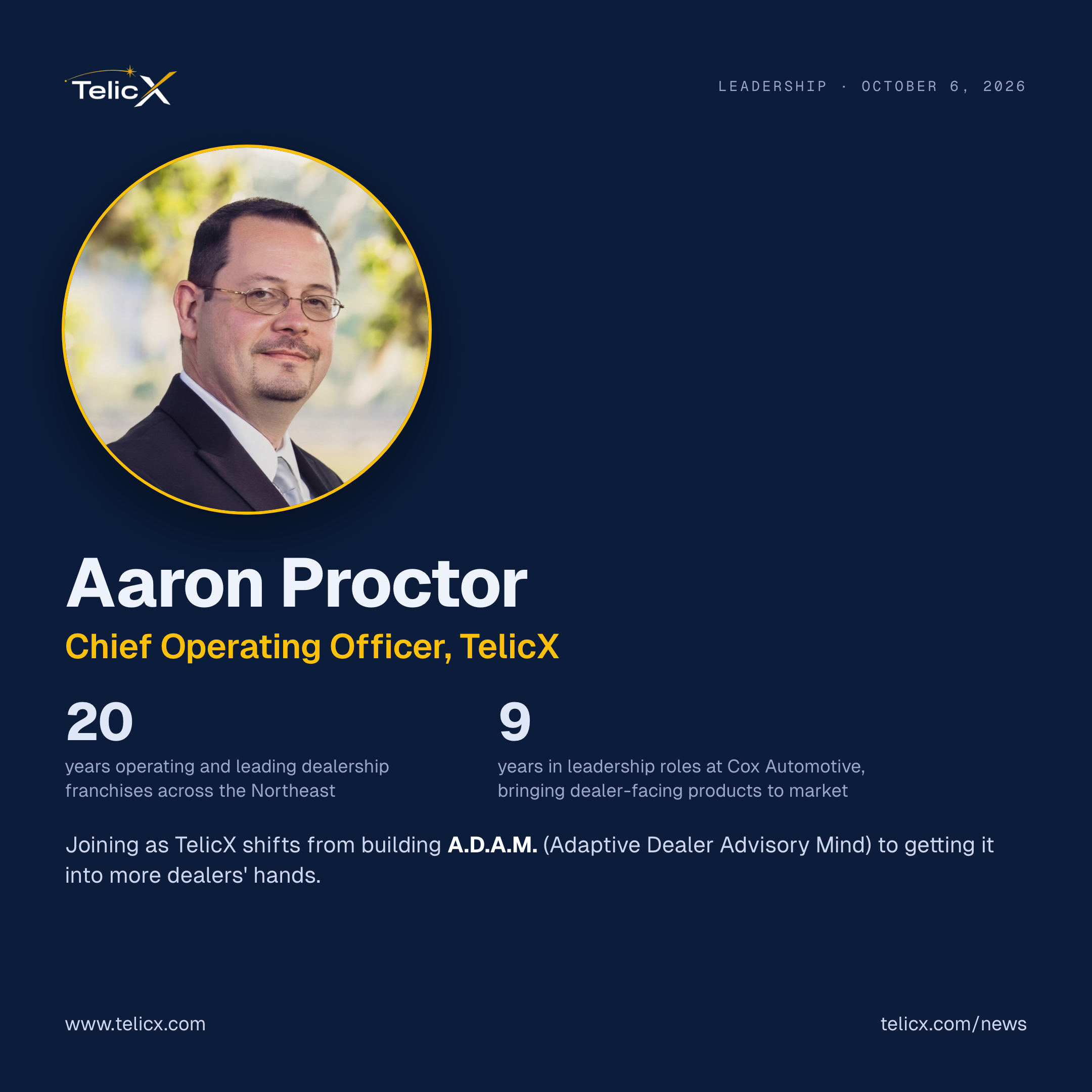 Aaron Proctor, 20 Year Dealer Operator and Former Cox Automotive Leader Named Chief Operating Officer of TelicX
