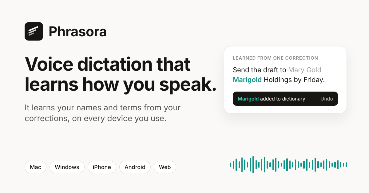 Phrasora Launches Voice Dictation That Learns How You Speak, Now on Mac, Windows, iPhone, Android and the Web