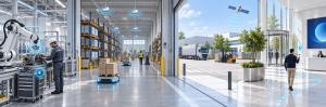 Positioning technology concepts across an assembly cell, warehouse, outdoor logistics yard, and smartphone navigation lobby.