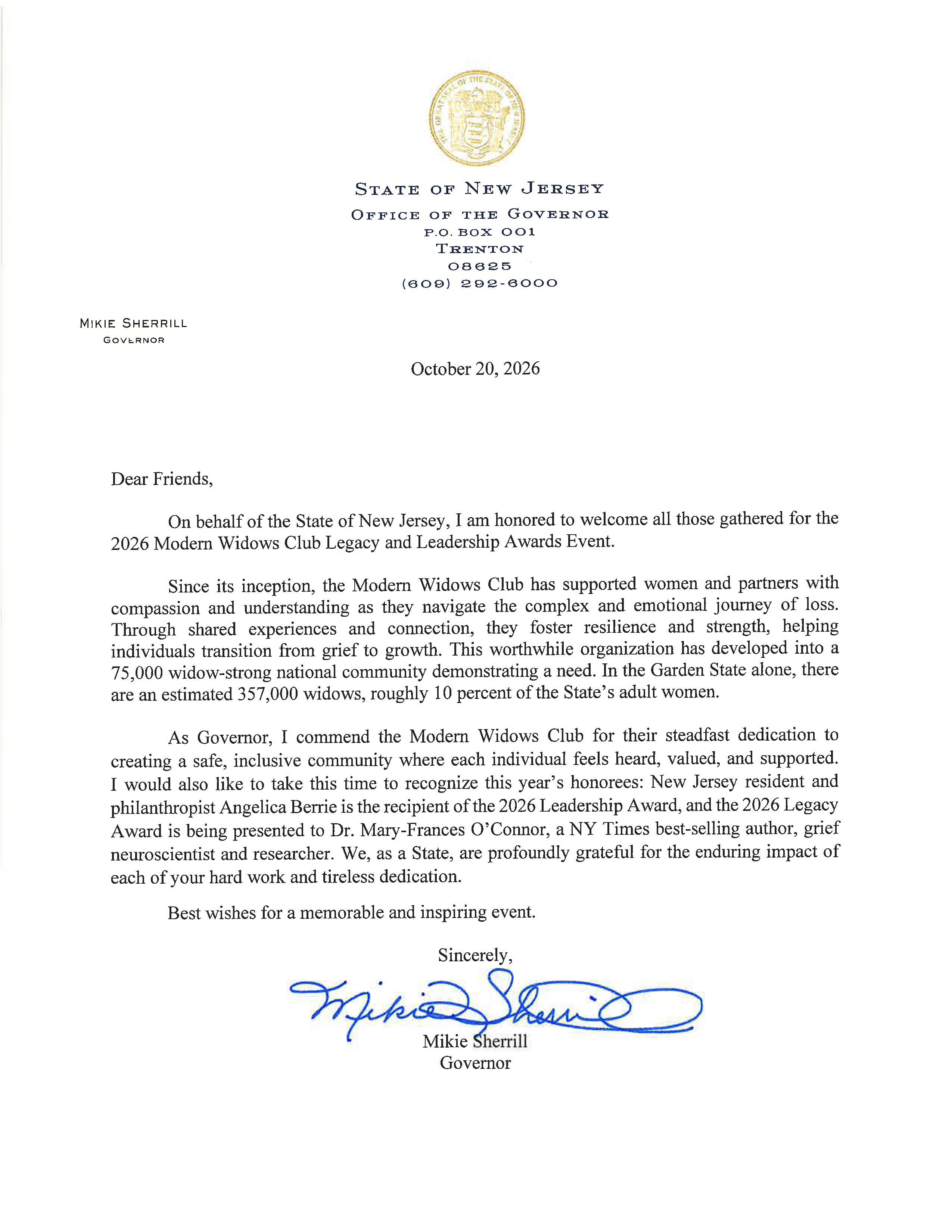 NJ Governor Mikie Sherrill Recognizes Modern Widows Club®, Shining a Light on New Jersey’s 357,000 Widows
