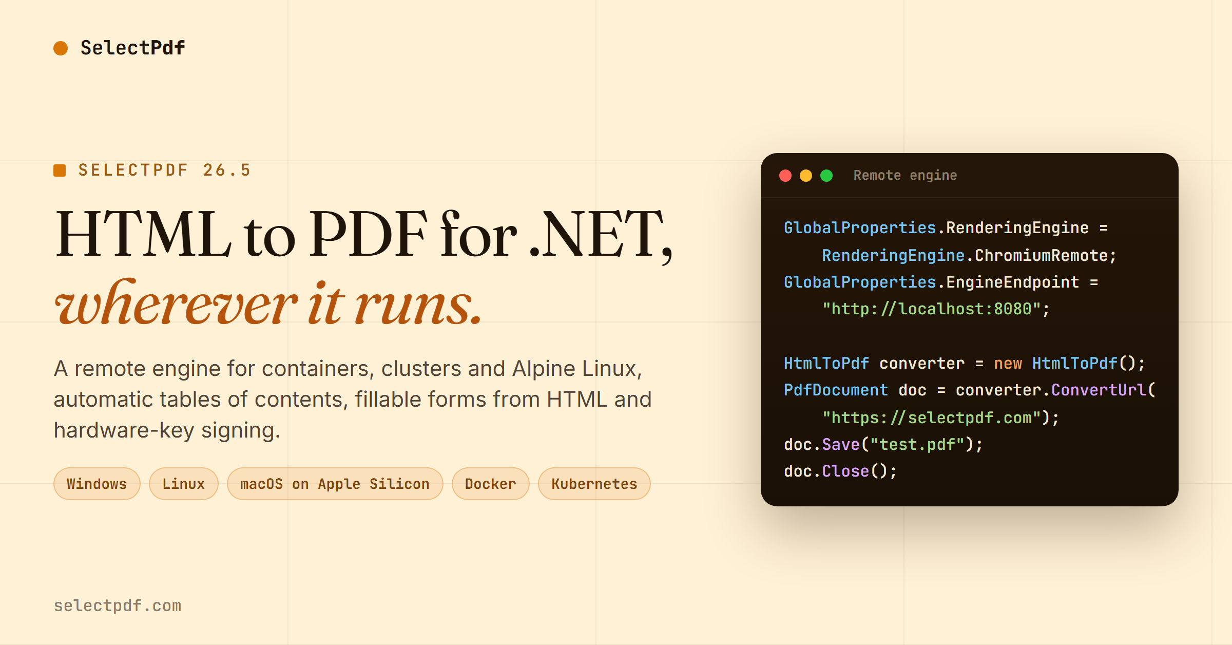 SelectPdf 26.5 Adds a Remote Engine, Automatic Tables of Contents and HSM Signing for .NET