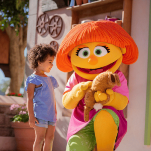 Child looks at a colorful orange-haired mascot holding a stuffed animal outside a building.