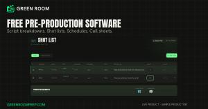 Big Lettuce Entertainment today announced the launch of Green Room, FREE web-based pre-production software that brings script breakdowns, shot lists, schedules, budgets, and call sheets into one workspace for independent filmmakers and students Green Room shot-list editor displaying two manually planned camera setups in a fictional sample production.
