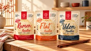Asiatique Udon, Ramen and Flat Noodles displayed in individual packages on a wooden table.