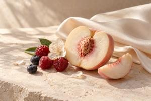 White peach, raspberries and blueberries on cream satin representing the flavors of Dr. White’s FOR HER toothpaste collection.