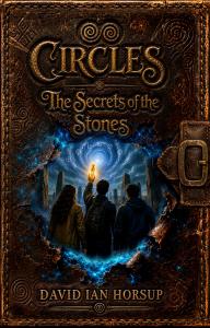 Book cover of Circles – The Secrets of the Stones by David Ian Horsup, featuring three teenagers facing a glowing blue portal and ancient standing stones, framed by an ornate leather-bound book.
