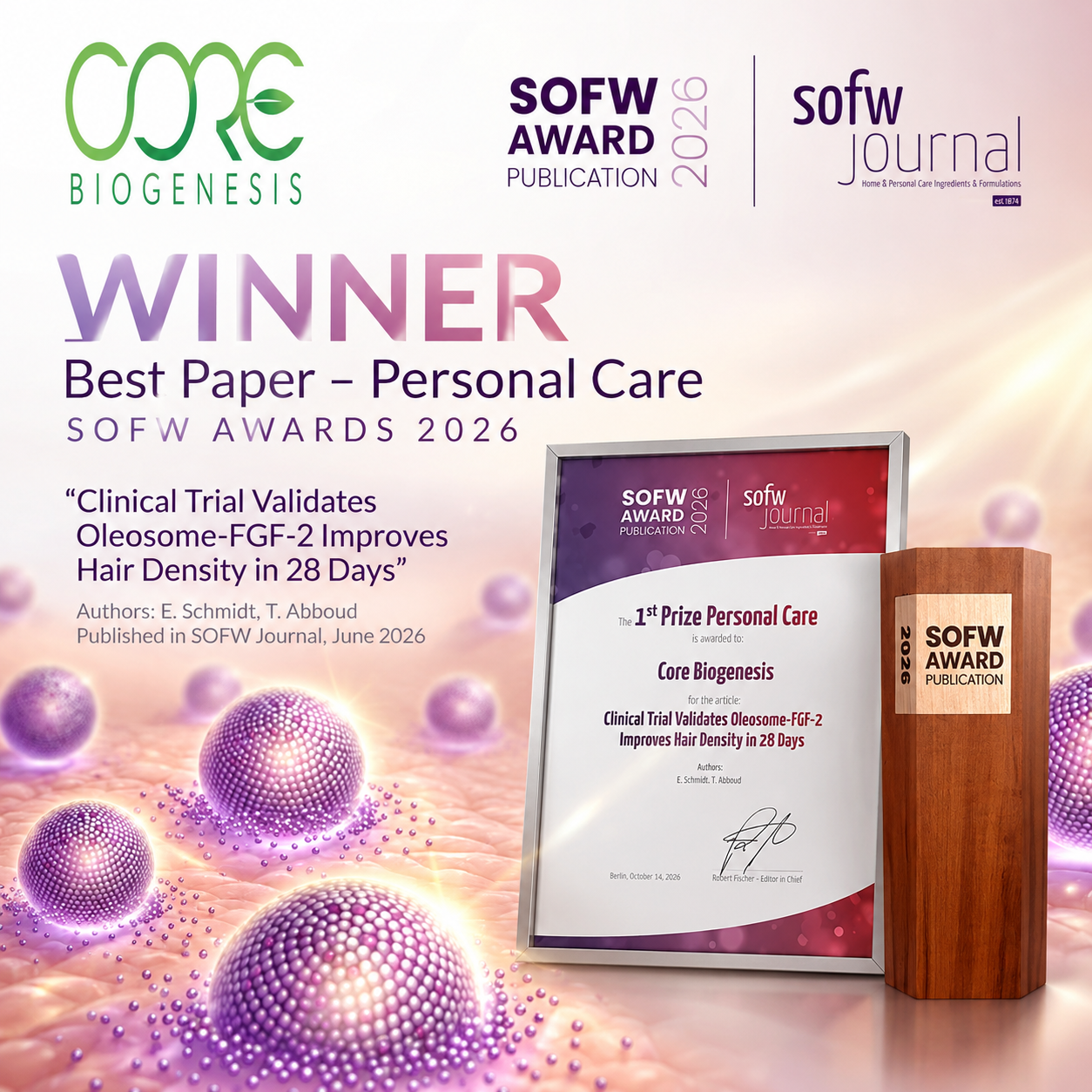 Core Biogenesis Wins Best Paper in Personal Care at the 2026 SOFW Awards for Clinical Research on Hair Density