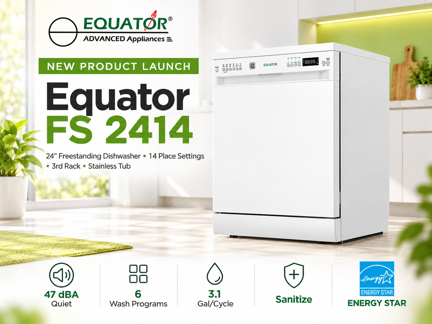 Equator Launches FS 2414 Freestanding Dishwasher With 14-Place Capacity and Third Rack