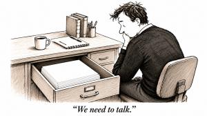 November has traditionally sent novelists racing toward a common goal: getting 50,000 words onto the page Cartoon of a pensive writer looking at a manuscript in an open desk drawer. Caption: “We need to talk.”