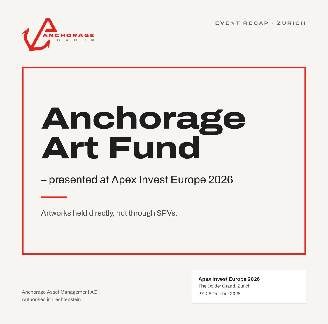 Anchorage Asset Management Presents the Anchorage Art Fund at Apex Invest Europe 2026 in Zurich