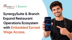 SynergySuite and Branch partnership announcement featuring a restaurant employee holding a smartphone, highlighting embedded Earned Wage Access in the Employee Cover app.