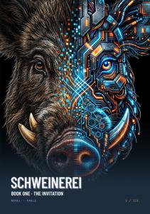 A novel written by three pigs and a technical intelligence is available for pre-order on Amazon in English and German from today Book cover of Schweinerei – The Invitation, Volume 1