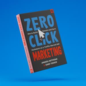 A hardcover copy of Zero Click Marketing with a blue background.