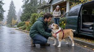 A driver greets a bulldog in a red harness outside a Seattle house while the owner holds the leash on the porch.