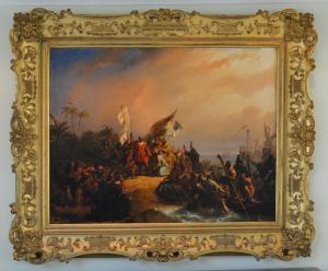 An outstanding pair of carved alabaster angels having gold-gilded wings and amazing overall detail sold for $28,800 and an important oil on canvas painting of Columbus’s discovery of America by Nicolaas Pieneman (Dutch, 1809-1860) brought $41,600 at an auction of items from the estate of Lonnie “Bo” Pilgrim (1928-2017), the co-founder of Pilgrim’s Pride