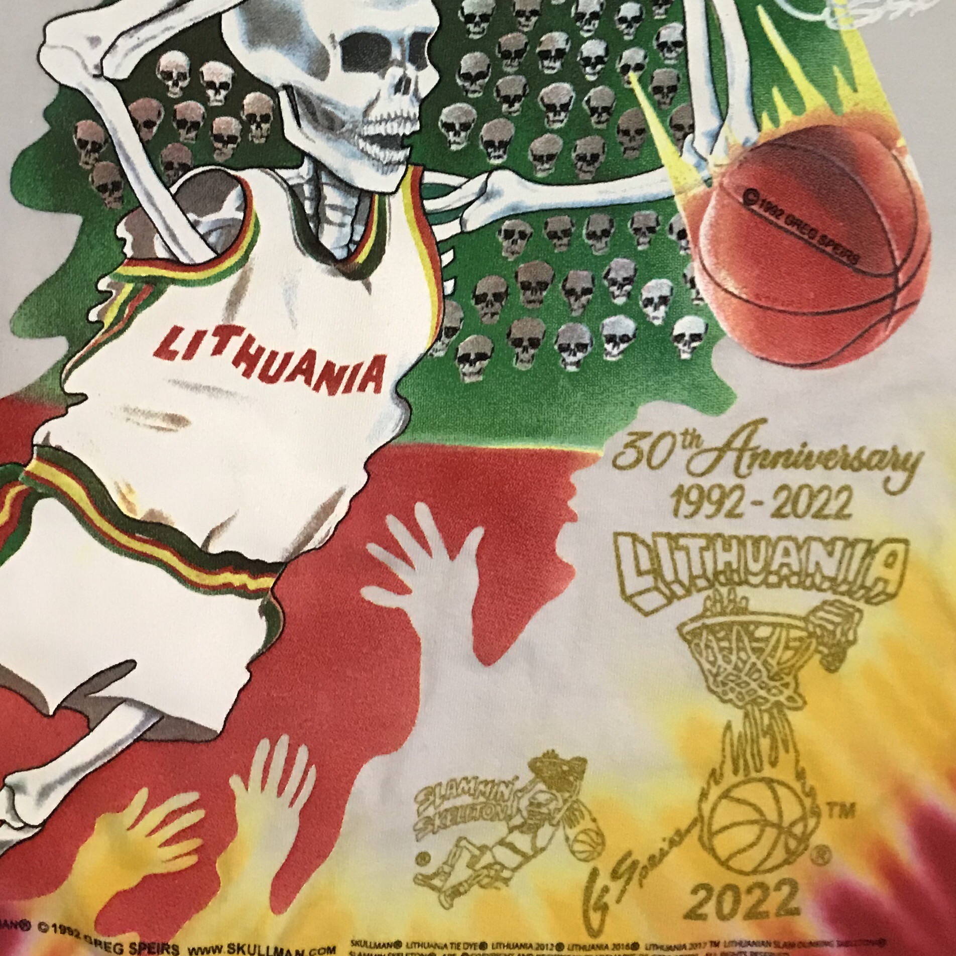 Lithuania Tie-Dye Basketball T-Shirts Slam-Dunking Skeleton