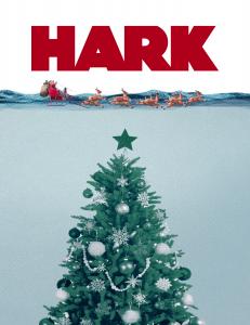 christmas tree rising from the depths of the sea about to attack santa and his reindeer on the water's surface