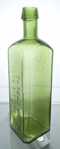 Dr. Renz’s Herb Bitters bottle (San Francisco, circa 1868-1881) with applied tapered top, light lime green in color, 9 ¾ inches tall ($24,150).
